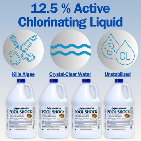EZ POOLS Champion Liquid Chlorine (4-Pack) - Swimming Pool & Spa Liquid Shock Treatment - Raises Chlorine - 4 Gallons