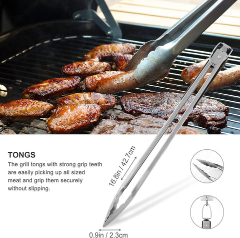 grilljoy 8PCS BBQ Grill Tools Set with Extra Thick Stainless Steel Spatula, Fork, Tongs & Cleaning Brush - Complete Barbecue Accessories Kit with Portable Bag - Perfect Grill Gifts for Father's Day