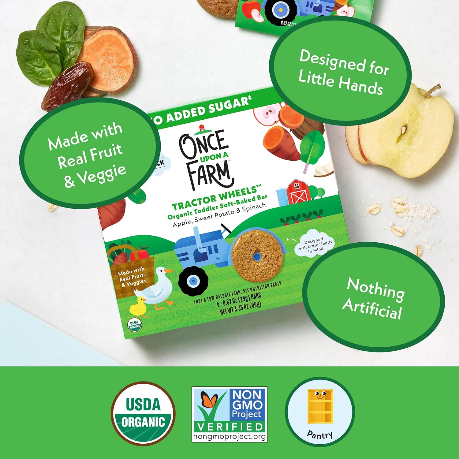 Once Upon A Farm Organic Toddler Soft Baked Bar, Apple, Sweet Potato and Spinach, Tractor Wheels Shaped, Non GMO, Kosher, 3.35 Ounces (Pack of 8)