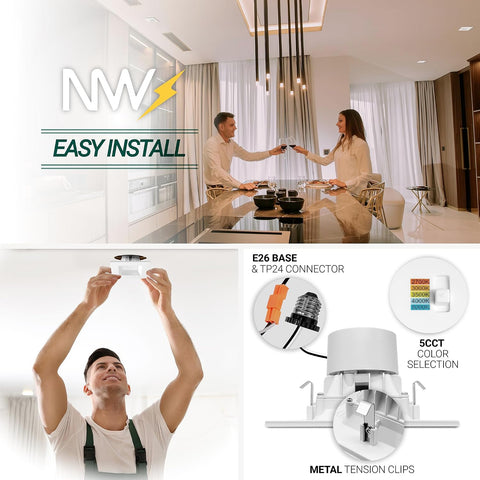 NUWATT 4 Inch Retrofit Square Recessed Lighting, 5CCT 2700K-5000K, 4 Pack