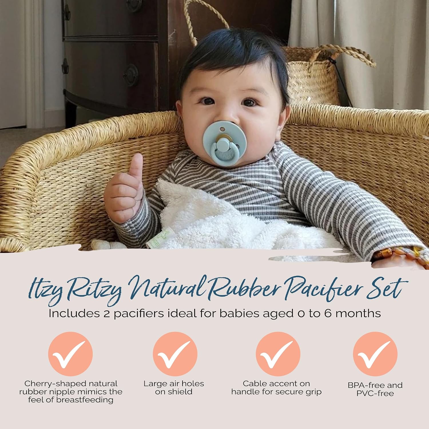 Itzy Ritzy Natural Rubber Pacifiers for 0–6 Mos, Set of 2 (Coconut/Toast)