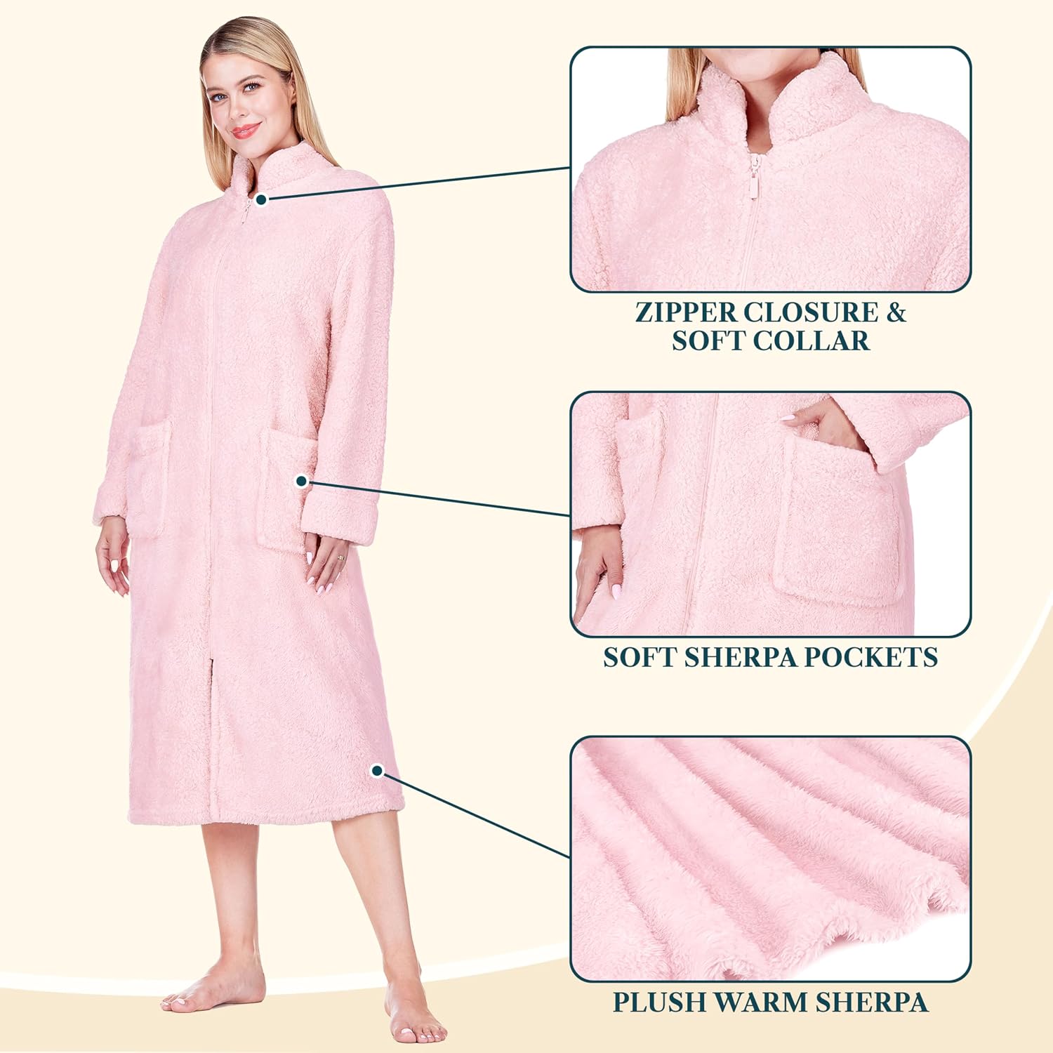 PAVILIA Womens Zip Up Robe with Pockets, Long Sherpa Housecoat Bathrobe