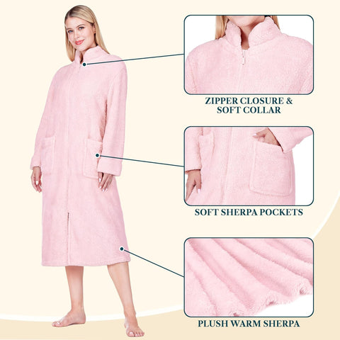 PAVILIA Womens Zip Up Robe with Pockets, Long Sherpa Housecoat Bathrobe