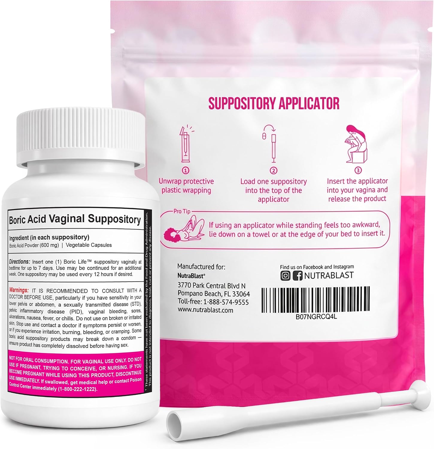 NutraBlast Boric Acid Suppositories for Women 600mg with Applicators Bundle