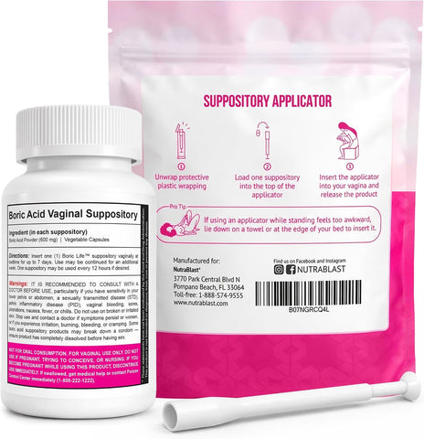 NutraBlast Boric Acid Suppositories for Women 600mg with Applicators Bundle