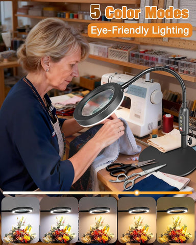 30X 10X Magnifying Glass with Light and Stand, 5 Color Modes Stepless Dimmable, Optical Grade HD Lens, LED Lighted Magnifier Hands Free with Flexible Gooseneck for Close Work, Craft, Hobby, Painting