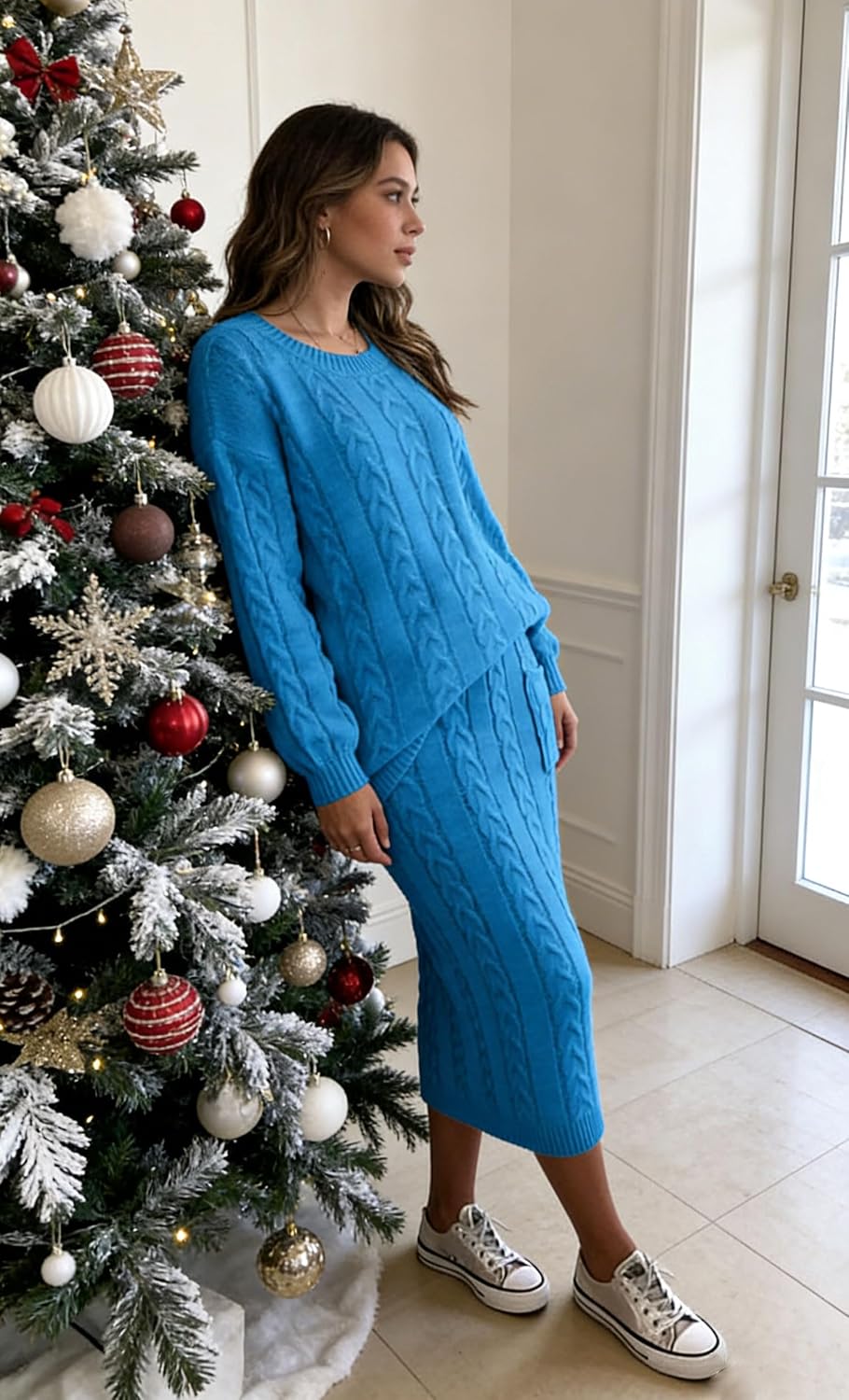 CHARTOU Women's Winter Chunky Cable Knit Long Skirt 2 Piece Outfit Sweater Sets