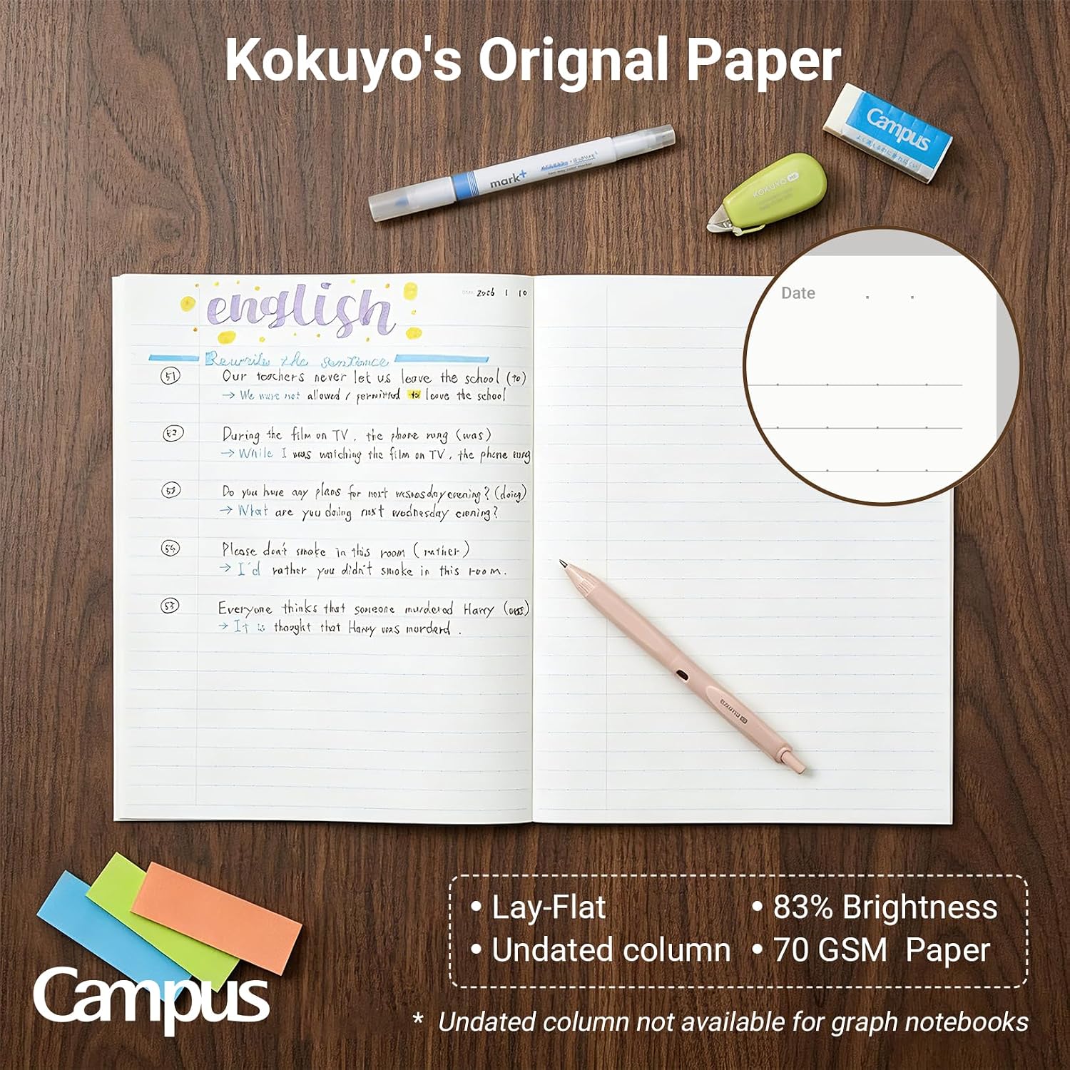 KOKUYO Composition Notebooks, 3 Pack Campus 9-3/4" x 7-1/2" Comp Book with College Ruled, 80 Sheets, Pink Blue Lavender School Lined Notebook Journal for Work Study Note Taking (WSG-NO-308CG1×3)