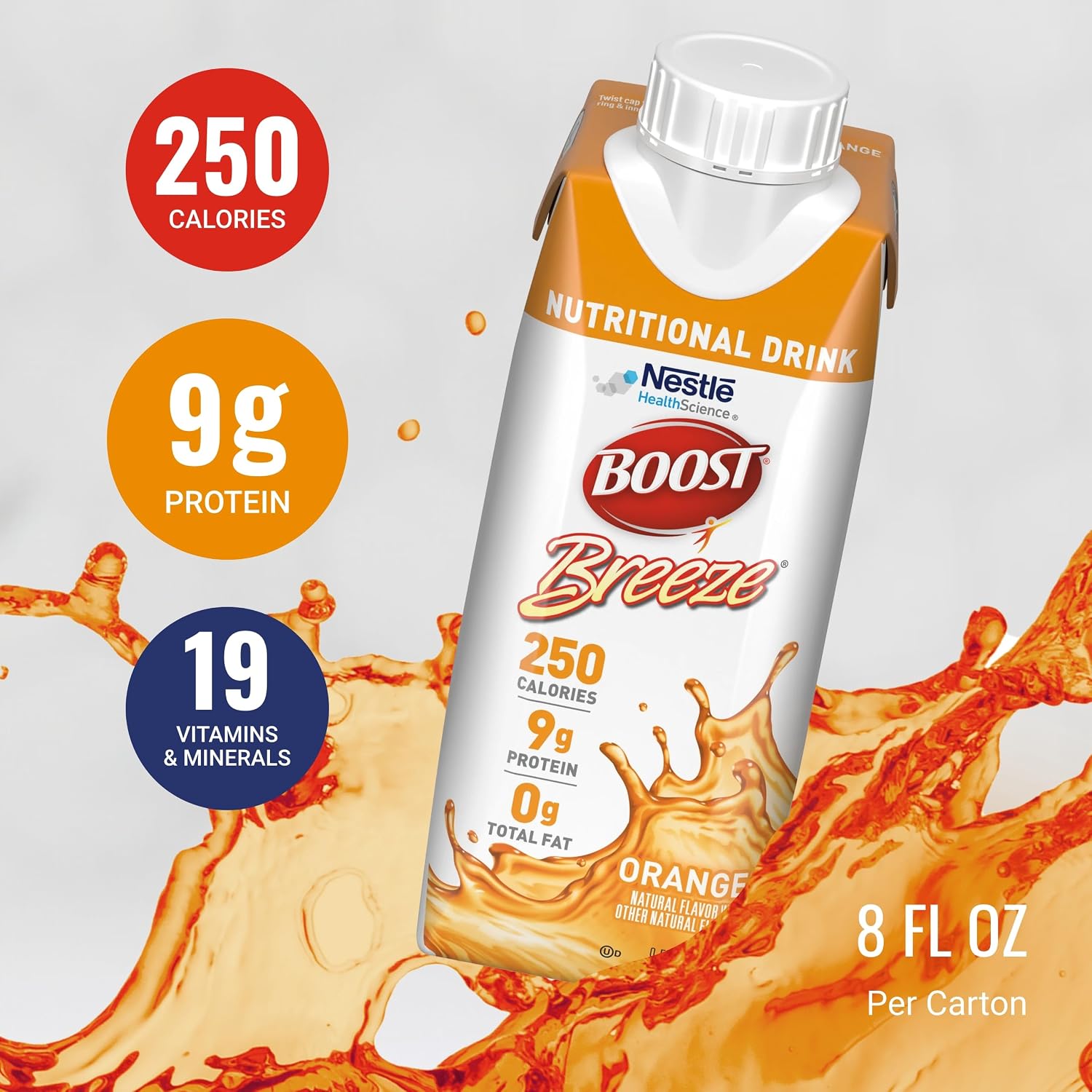 BOOST Breeze Clear Nutritional Drink - 250 Calories - 19 Vitamins & Minerals - 9 g Protein - Fortified Clear Nutritional Drink with Vitamin A & Zinc - Orange Flavor - 8 fl oz (Pack of 24)