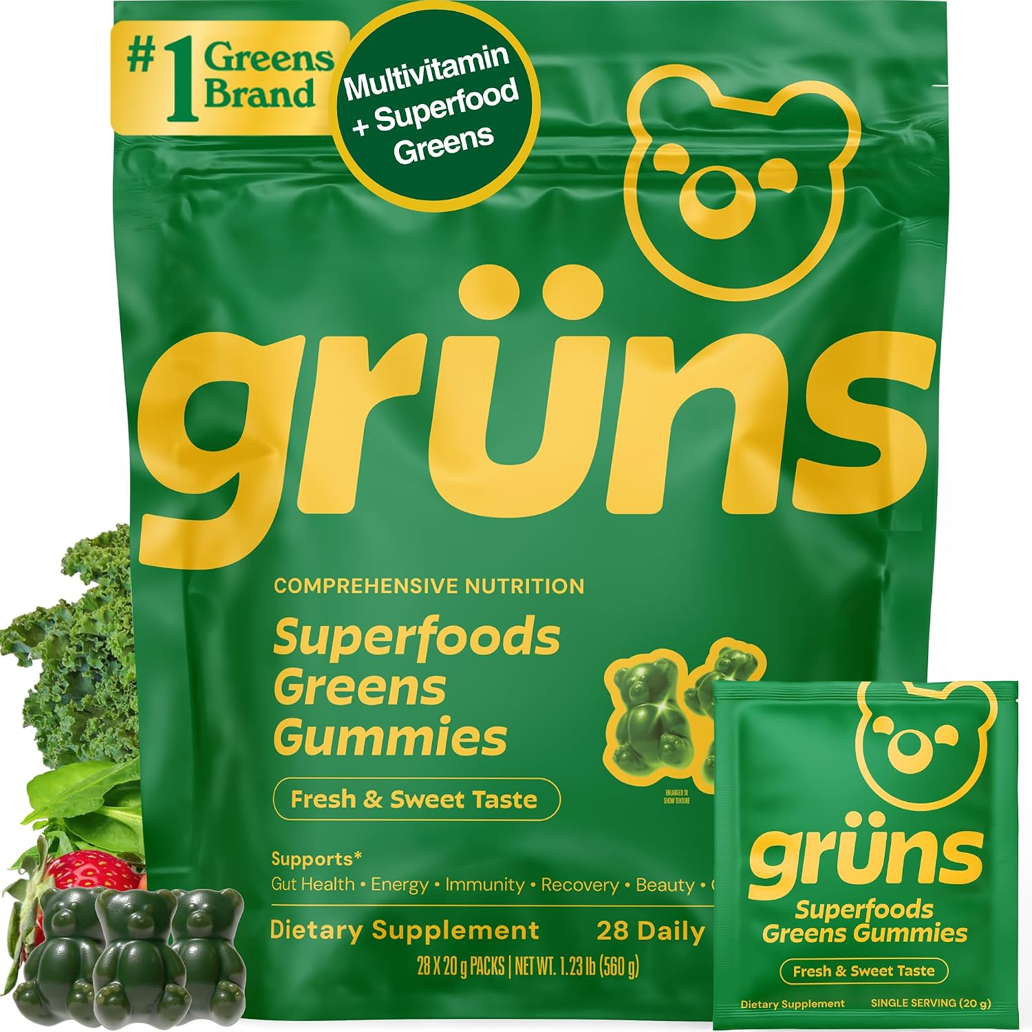 Gruns Adult Greens Gummies & Daily Multivitamin, Prebiotic Fiber, 28 ct