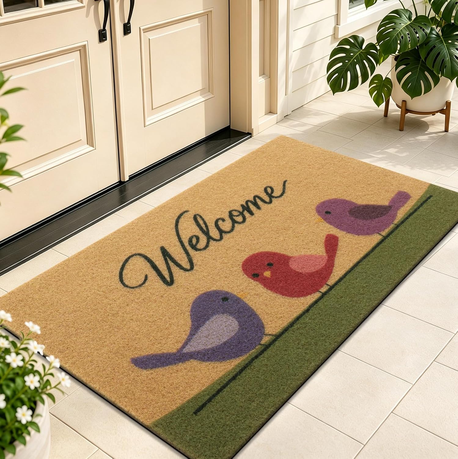Smiry Front Door Mat Outside Entrance, Sturdy Dirt Trapper, Birds