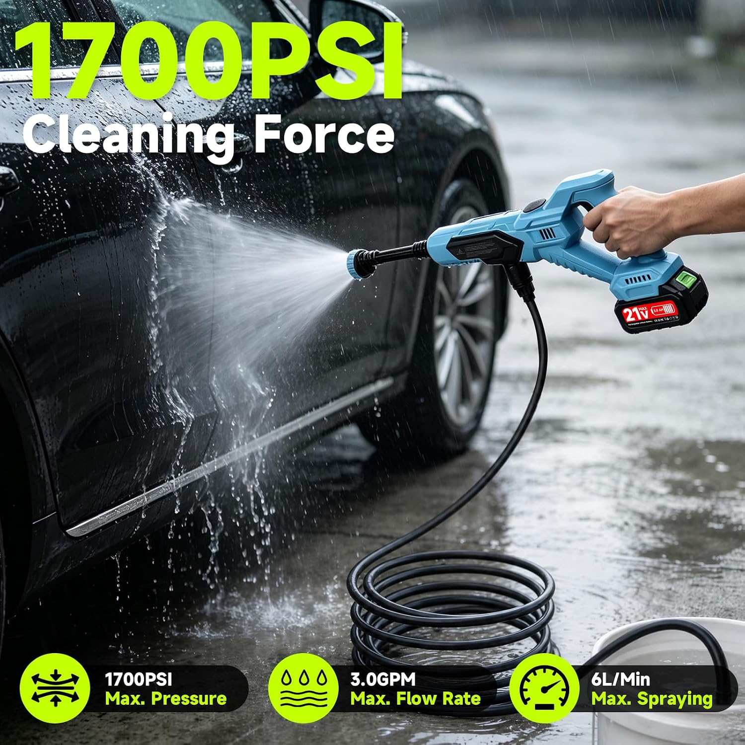 Cordless Portable Washer, 1700 PSI Battery Operated Washer with Brushless Motor, Battery, 16.4FT Elastic Hose, 21V 3.0Ah Portable Handheld Washer for Car, Home, Patio, Driveway