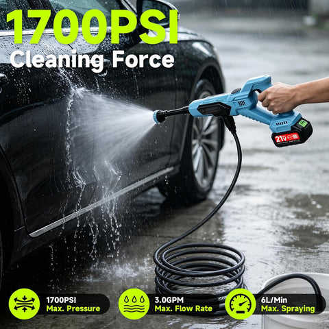 Cordless Portable Washer, 1700 PSI Battery Operated Washer with Brushless Motor, Battery, 16.4FT Elastic Hose, 21V 3.0Ah Portable Handheld Washer for Car, Home, Patio, Driveway