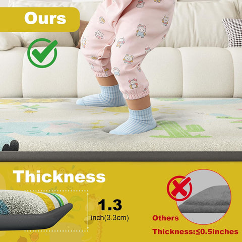 Baby Play Mat for Floor, 1.3" Thick Elasti-Foam Baby Play Mat, 50x50 Playpen Mat for Toddlers Infant kids, Water Repellent Soft Coral Velvet Crawling Mat for Floor, Non-Slip Backing Safe Jungle Safari