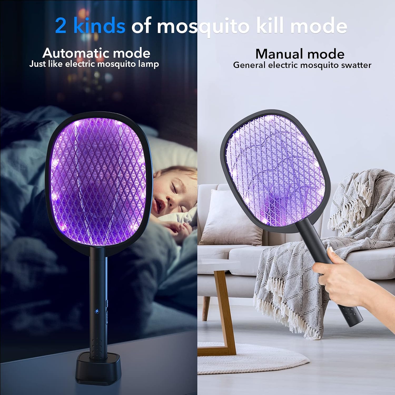 2 Pack Electric Fly Swatter 2 in 1 Bug Zapper Racket & Mosquito Zapper,4000V with USB Charging Base，Powerful Mosquito Swatter with 3 Layers of Safety Net Suitable for Indoor and Outdoor