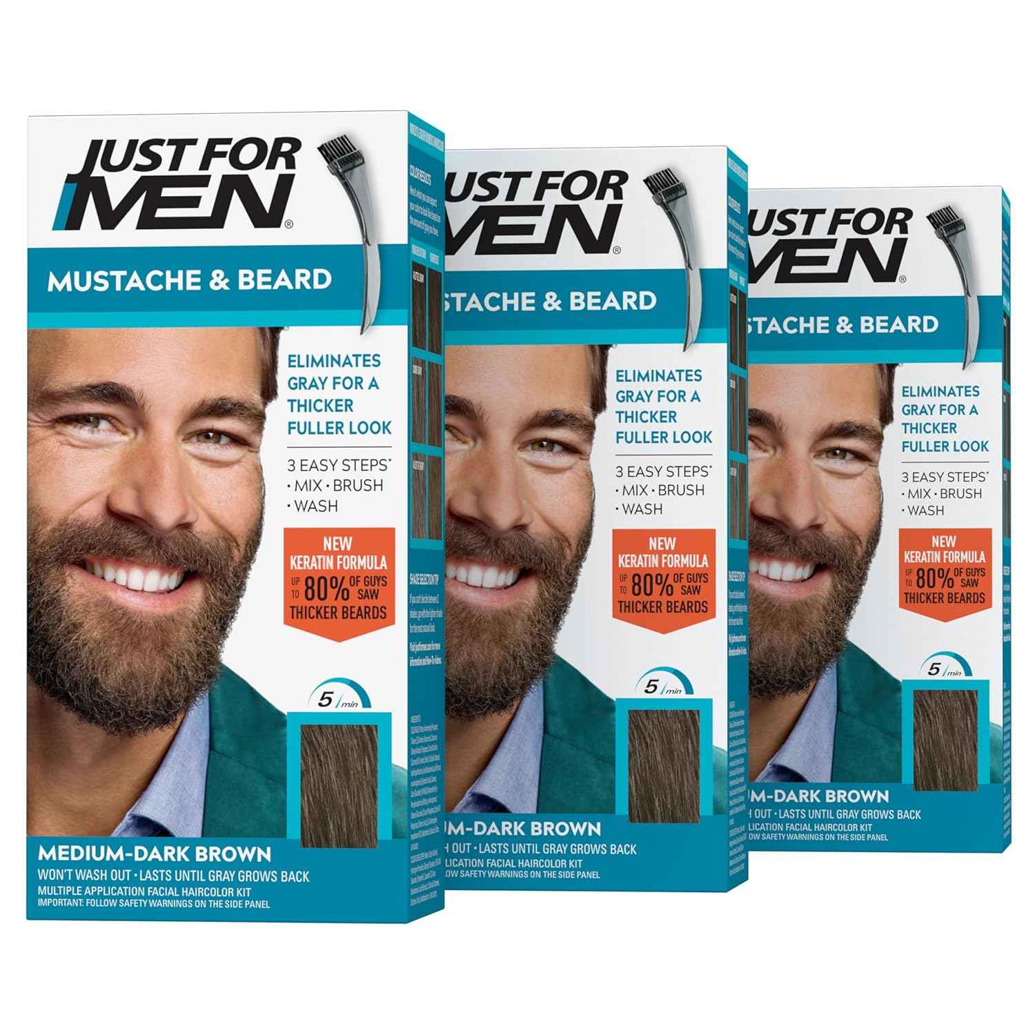 JUST FOR MEN Mustache & Beard Dye, Keratin, Medium-Dark Brown M-40 (3 Pack) | Mustache & Beard color medium-dark brown designed for facial hair to instantly eliminate gray. Enhanced with keratin.
