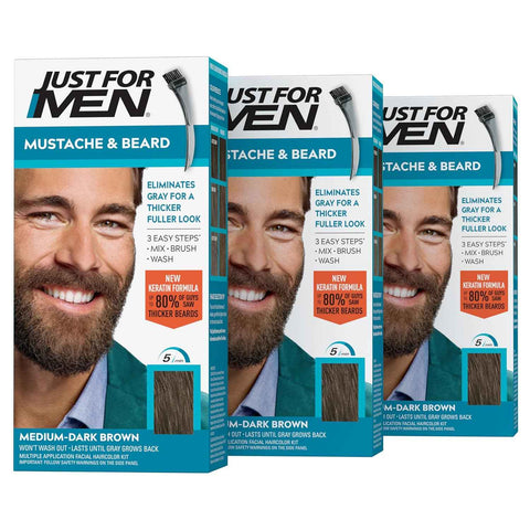 JUST FOR MEN Mustache & Beard Dye, Keratin, Medium-Dark Brown M-40 (3 Pack) | Mustache & Beard color medium-dark brown designed for facial hair to instantly eliminate gray. Enhanced with keratin.