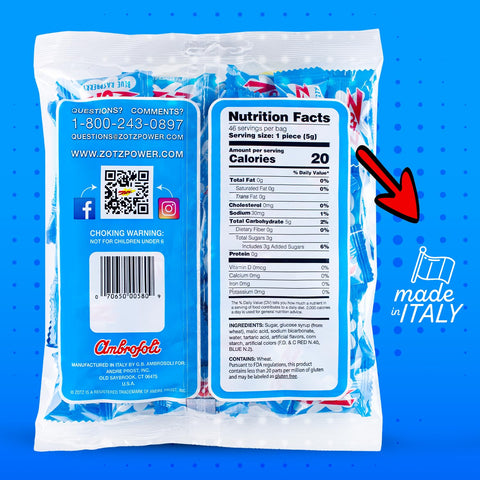 ZOTZ Fizzy Sour Candy Bulk - Retro Italian Hard Candy Individually Wrapped - Classic Nostalgic Blue Raspberry Flavor - 46 Pieces Bag for Party Favors, Goodie Bags, Piñata & Candy Buffet