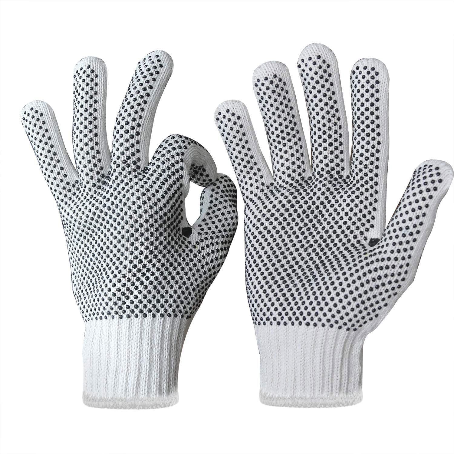 Evridwear Cotton Polyester String Knit Shell Safety Protection Work Gloves for Painter Mechanic Industrial Warehouse Gardening Construction Men & Women 12 Pairs, With Two Side dots, L Size