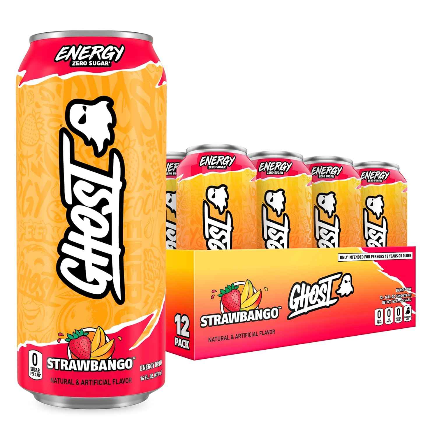 GHOST Energy Drink, Zero Sugars, 12-Pack, Strawbango - 200MG Caffeine, 16oz