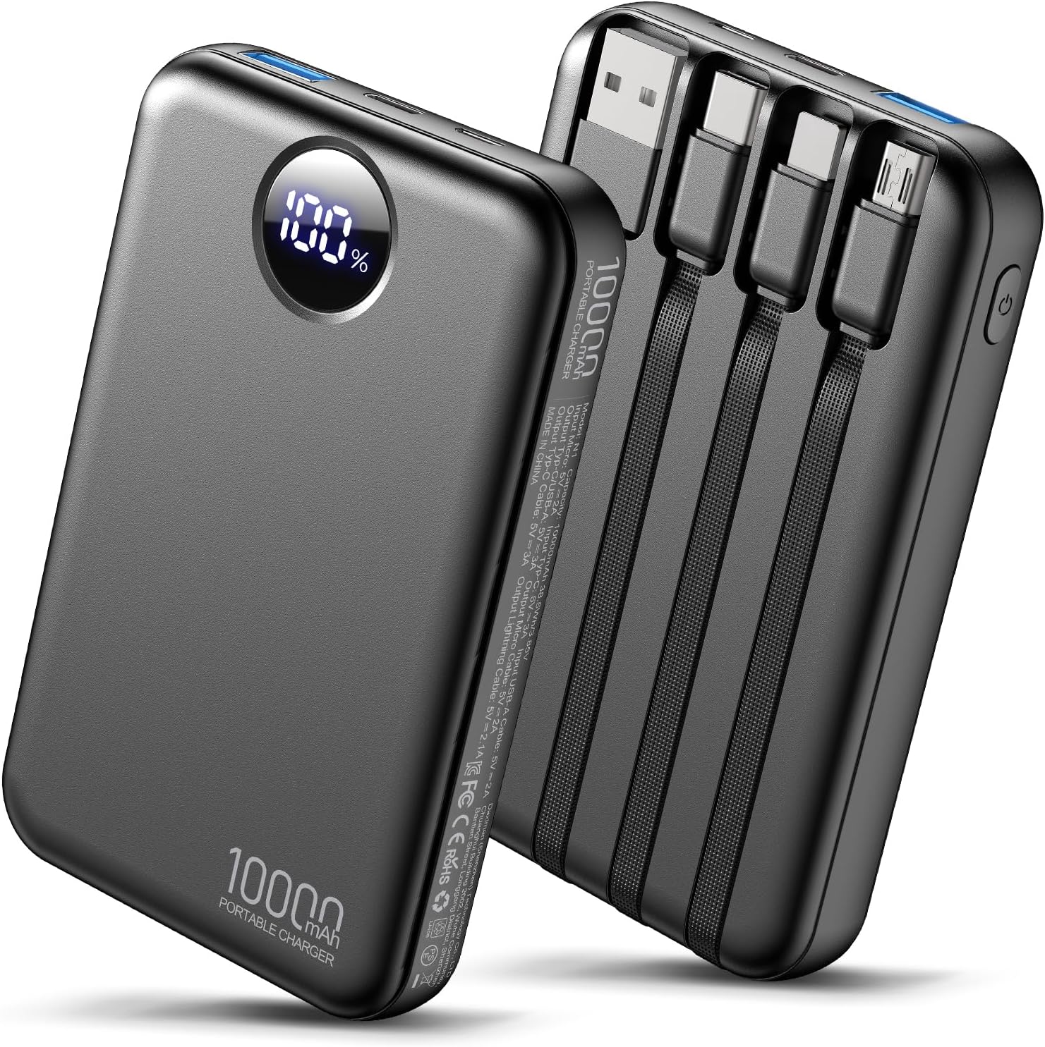 Portable Charger 10000mAh with 4 Built-in Cables 40% Smaller