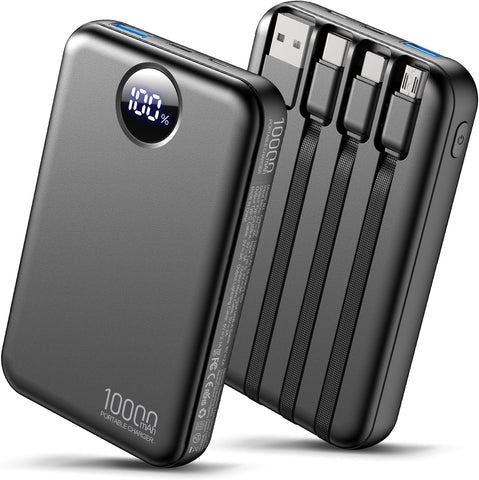 Portable Charger 10000mAh with 4 Built-in Cables 40% Smaller