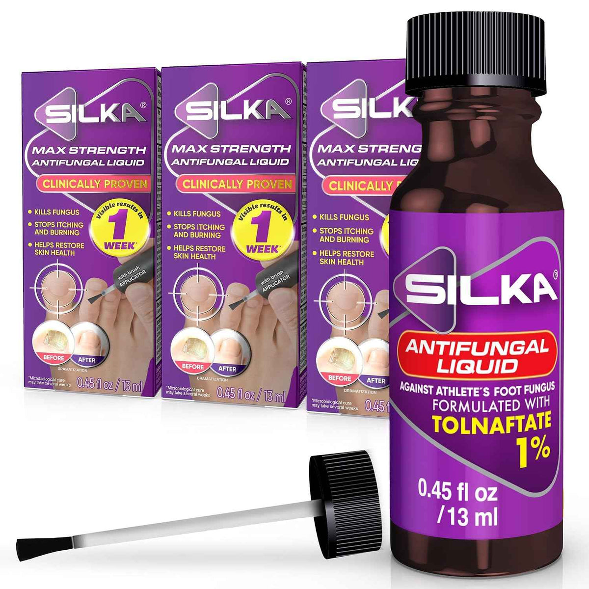 SILKA Max Strength Antifungal Liquid for Toenail Health with Brush Applicator, Results in 1 Week, Nail Fungus Treatment for Damaged Toenails, Athlete's Foot Treatment, Tolnaftate 1% 0.45 Fl Oz -3 Pack