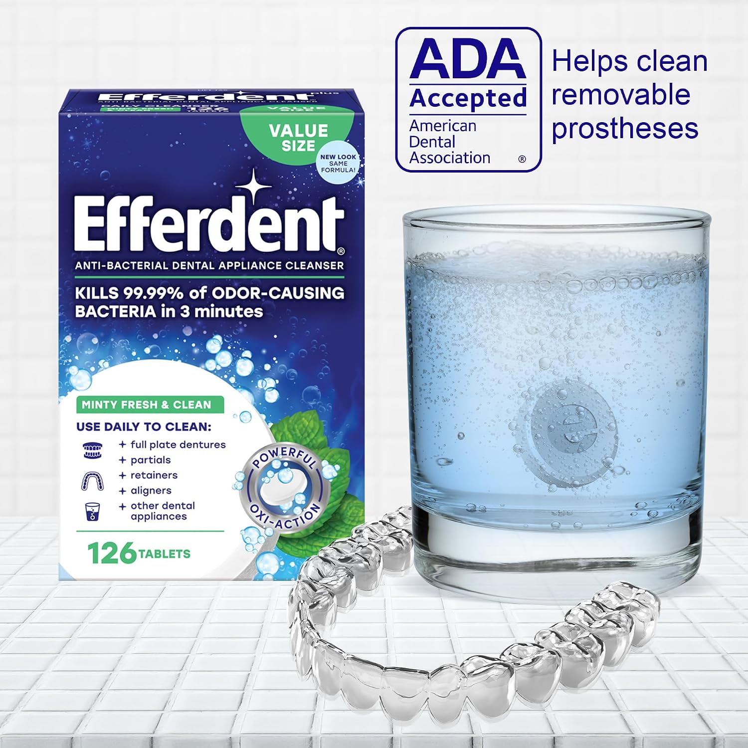 Efferdent Denture Cleaner Tablets, Minty Fresh & Clean, 126 Count