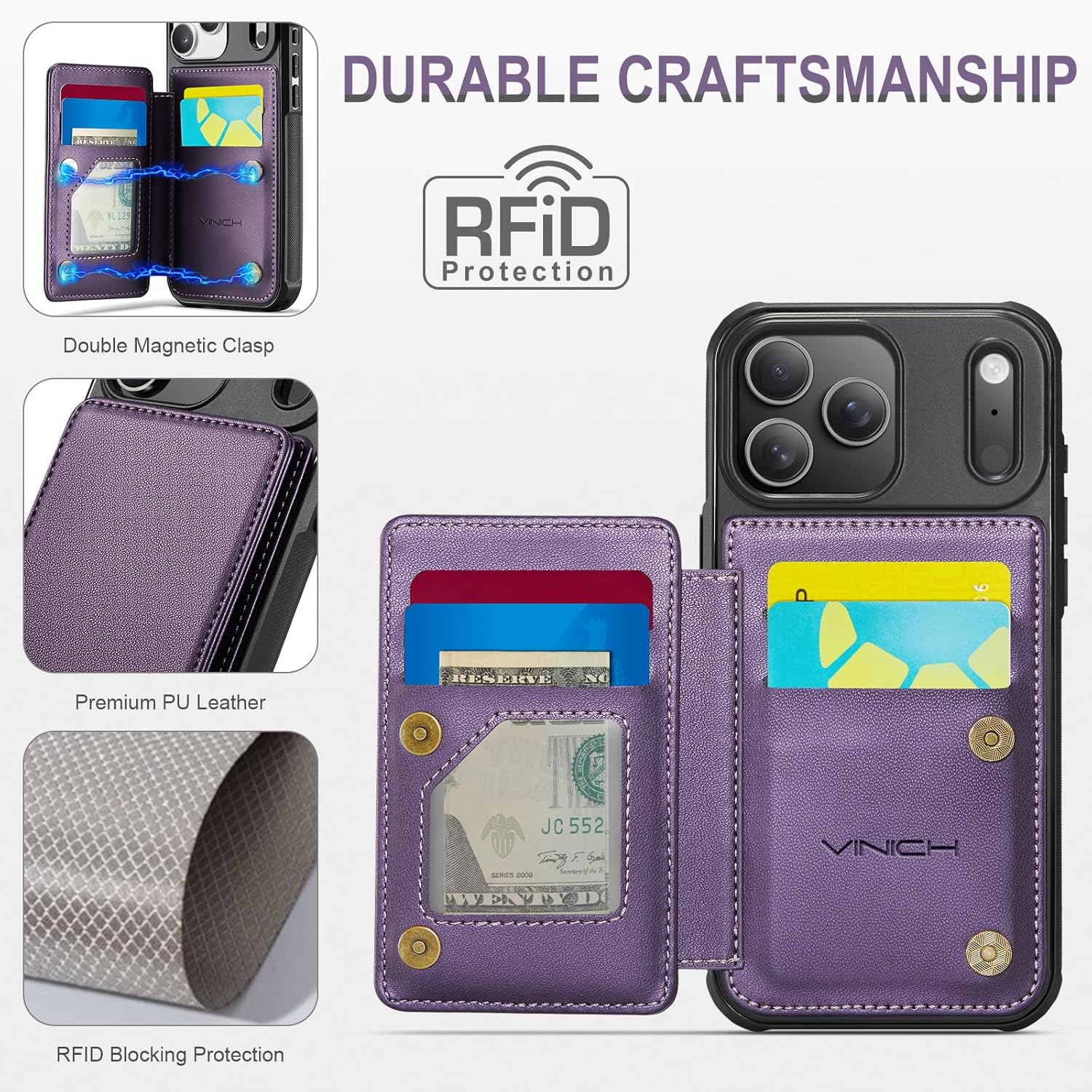 Vinich for iPhone 17 Pro Wallet Case with Card Holder, Purple