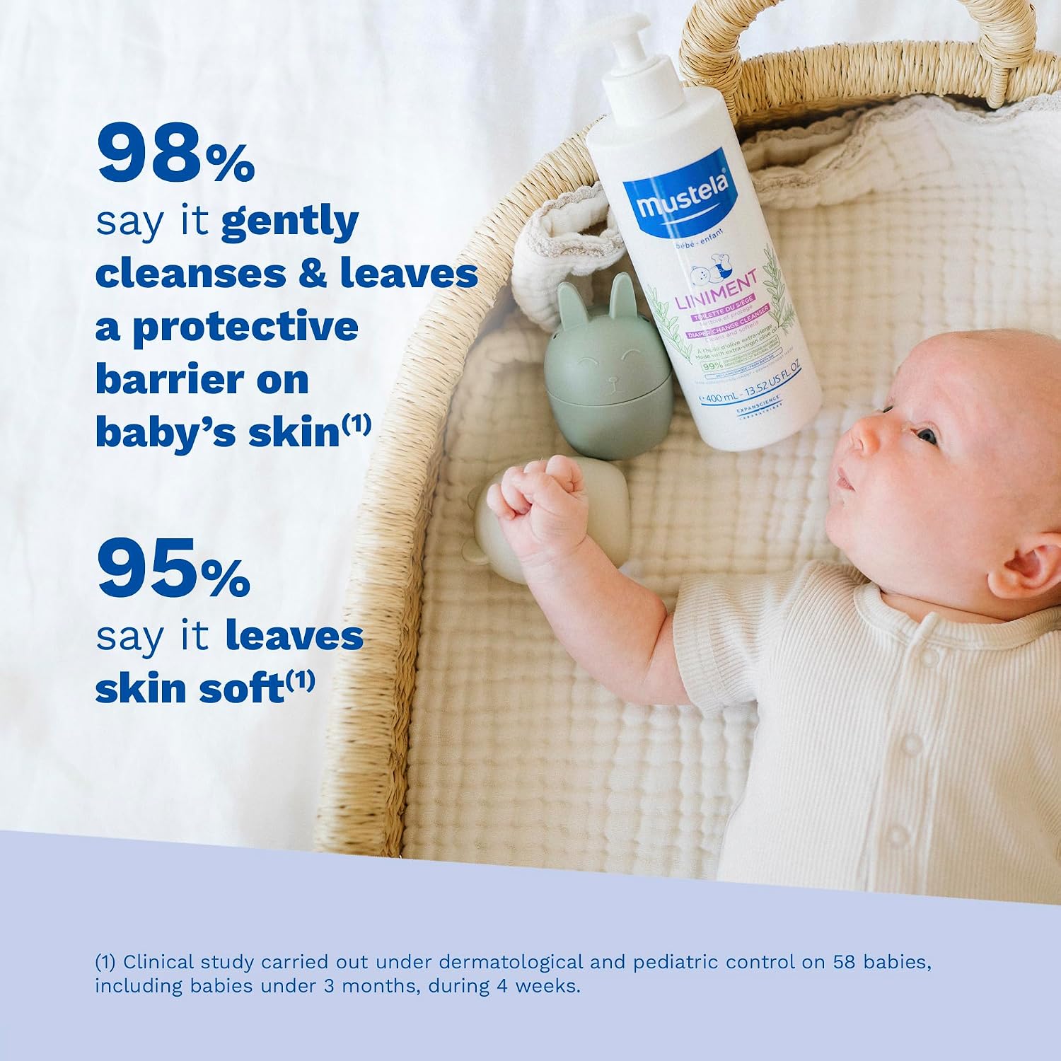 Mustela Liniment - No-Rinse Baby Cleanser for Diaper Change - with Extra Virgin Olive Oil - Fragrance-Free - 13.52 fl. Oz