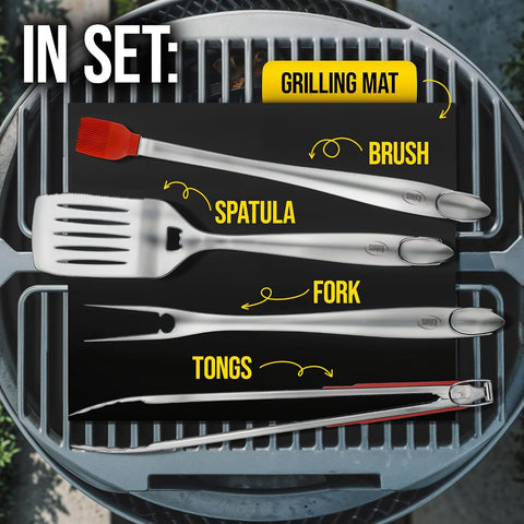 Kaluns BBQ Grilling Accessories, Grilling Gifts for Men Dad, Grill Tools for Outdoor Grill, Heavy Duty Stainless Steel Grill Set with Spatula, Tongs, Fork, Brush, & Grilling Mat, Best BBQ Gifts