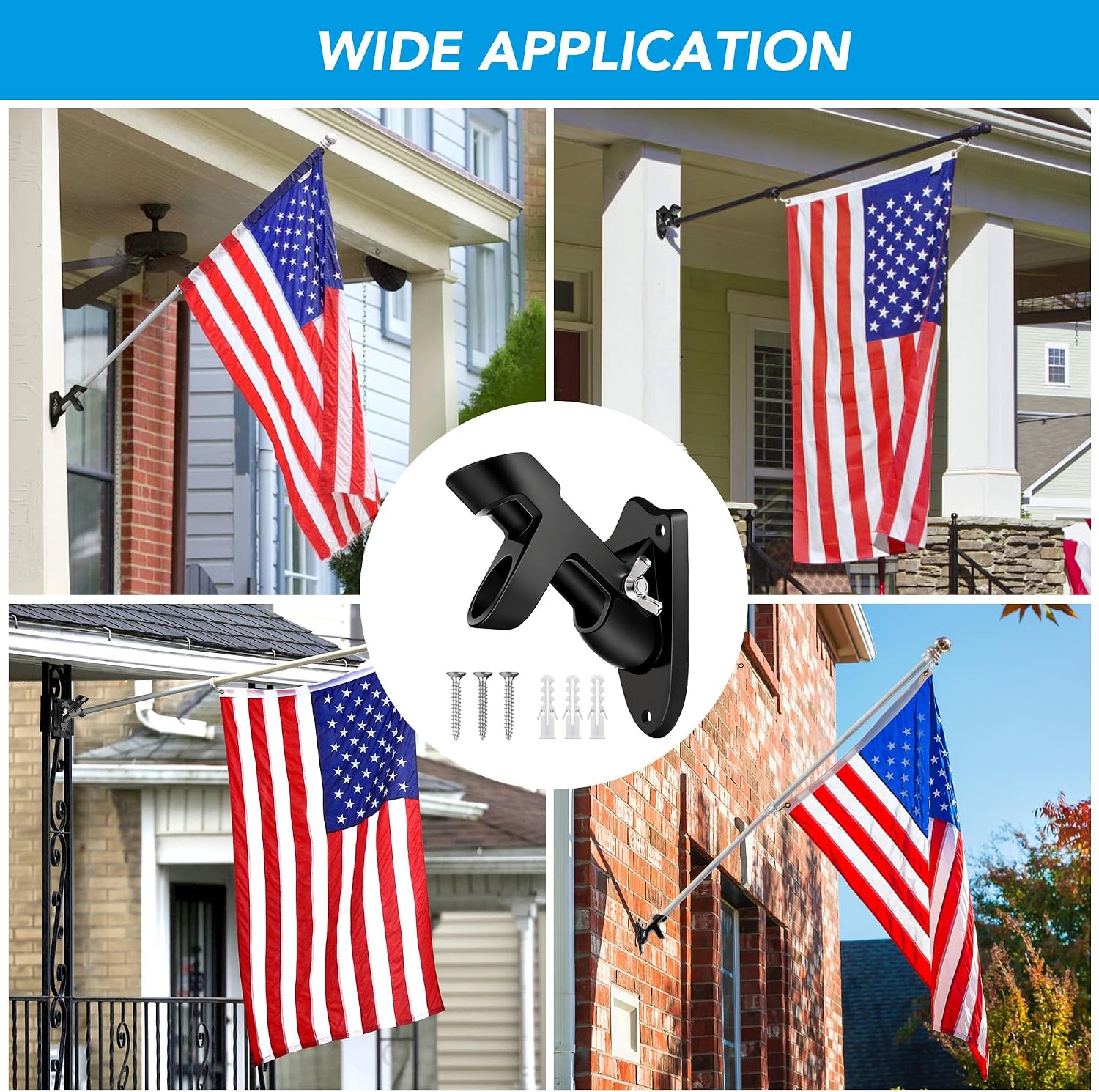 HOOPLE Flag Pole Holder for Outside House, Heavy Duty Aluminum Flag Holder & Flag Pole Mounting Bracket, Rust Free Wall Mount Flag Bracket with Stainless Hardware, Fits 1” Flag Pole (Black-1Pack)