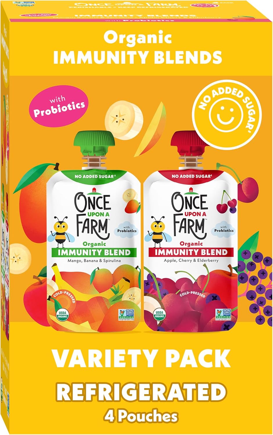 Once Upon a Farm Organic Immunity Blend Mango, Banana & Spirulina and Apple, Cherry & Elderberry Pouch Multipack, 4-3.2oz