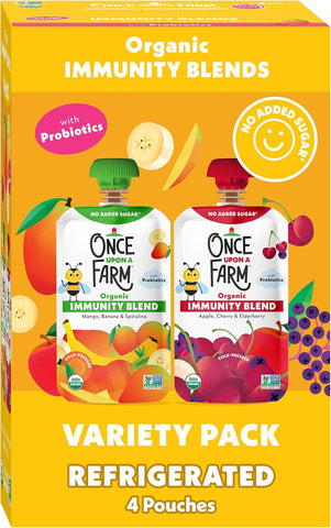 Once Upon a Farm Organic Immunity Blend Mango, Banana & Spirulina and Apple, Cherry & Elderberry Pouch Multipack, 4-3.2oz