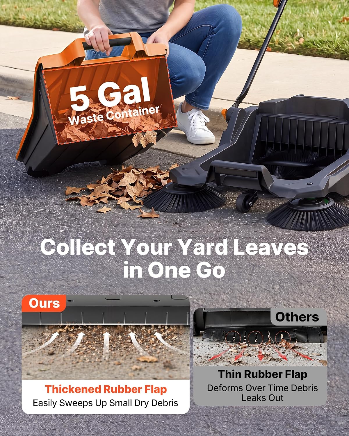 VEVOR Walk-Behind Hand Push Floor Sweeper, Manual Floor Sweeper Non-Electric with 25.6" Sweeping Width, 5 Gallons Waste Container & Adjustable Folding Handle for Yards Walkways Patios Garages - Orange