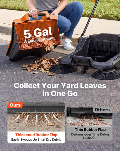 VEVOR Walk-Behind Hand Push Floor Sweeper, Manual Floor Sweeper Non-Electric with 25.6" Sweeping Width, 5 Gallons Waste Container & Adjustable Folding Handle for Yards Walkways Patios Garages - Orange