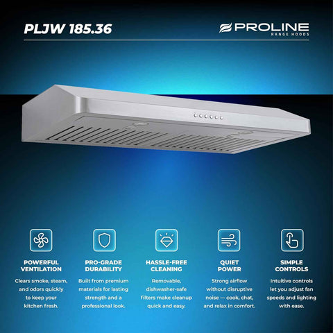 PROLINE 36-Inch Under Cabinet Range Hood, Ducted, 600 CFM, Stainless Steel, LED Lights, ULTRA-QUIET Blower Motor, 4 Speed, 3-Year Warranty, PLJW 185.36