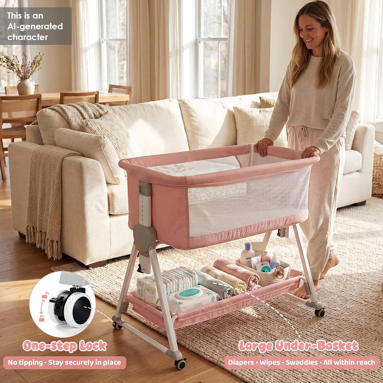 Cowiewie Bassinet Bedside Sleeper, Pink and White