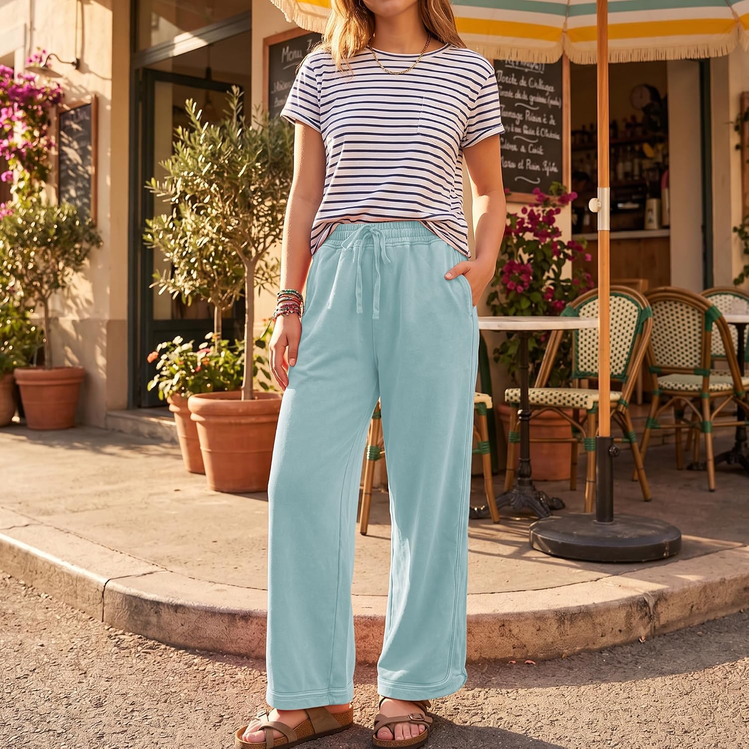 Hixiaohe Women's Casual Wide Leg Sweatpants High Waist Baggy Acid Wash Pants Drawstring Athletic Palazzo Pants with Pockets