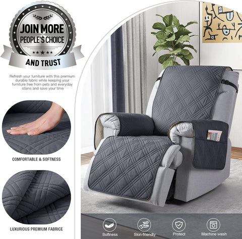 TAOCOCO Waterproof Recliner Chair Covers 30 Inch Wide, Oversized Recliner Covers for Recliner Chair with Pocket, Recliner Slipcovers with Straps Furniture Protector for Kids Pets (30'', Dark Grey)