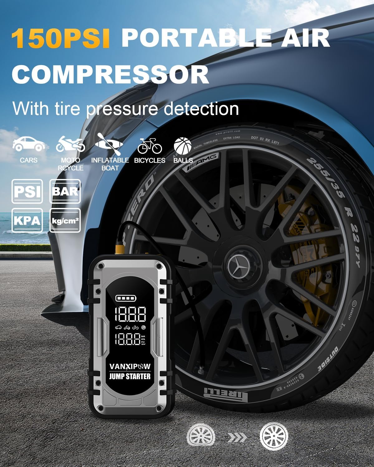 8000A Portable Car Battery Jump Starter with Air Compressor, 150PSI (9.0 L Gas/8.0L Diesel), 12V Jump Box Car Battery with 600 Lm LED Light, with Large LED Display, Power Bank