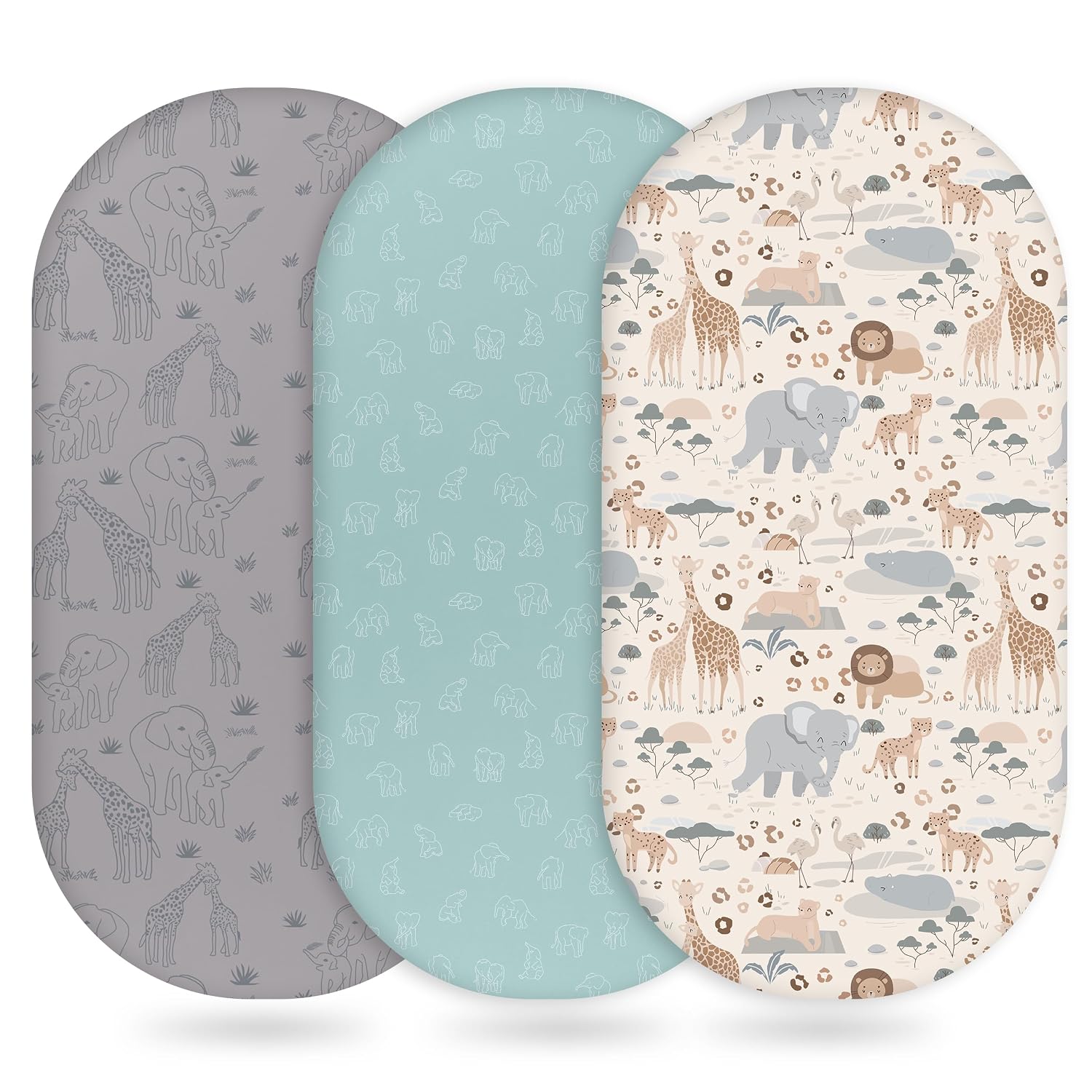 Unnivoll Baby Bassinet Sheets Girl Boy, Fitted Bassinet Sheet Set 3 Pack Bassinet Mattress Sheets Universal Fit for Rectangle, Round, Oval, Hourglass Mattress, Soft Breathable Elephant