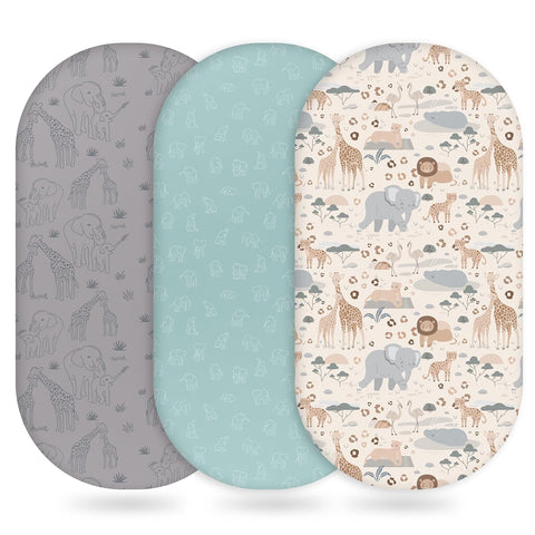 Unnivoll Baby Bassinet Sheets Girl Boy, Fitted Bassinet Sheet Set 3 Pack Bassinet Mattress Sheets Universal Fit for Rectangle, Round, Oval, Hourglass Mattress, Soft Breathable Elephant