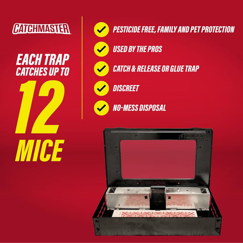 Catchmaster Multi-Catch Mouse Trap, Humane Mouse Trap Indoor for Home, Includes 1 Replaceable Glue Board, Live Catch Pest Control for Garage & Shed (Black)
