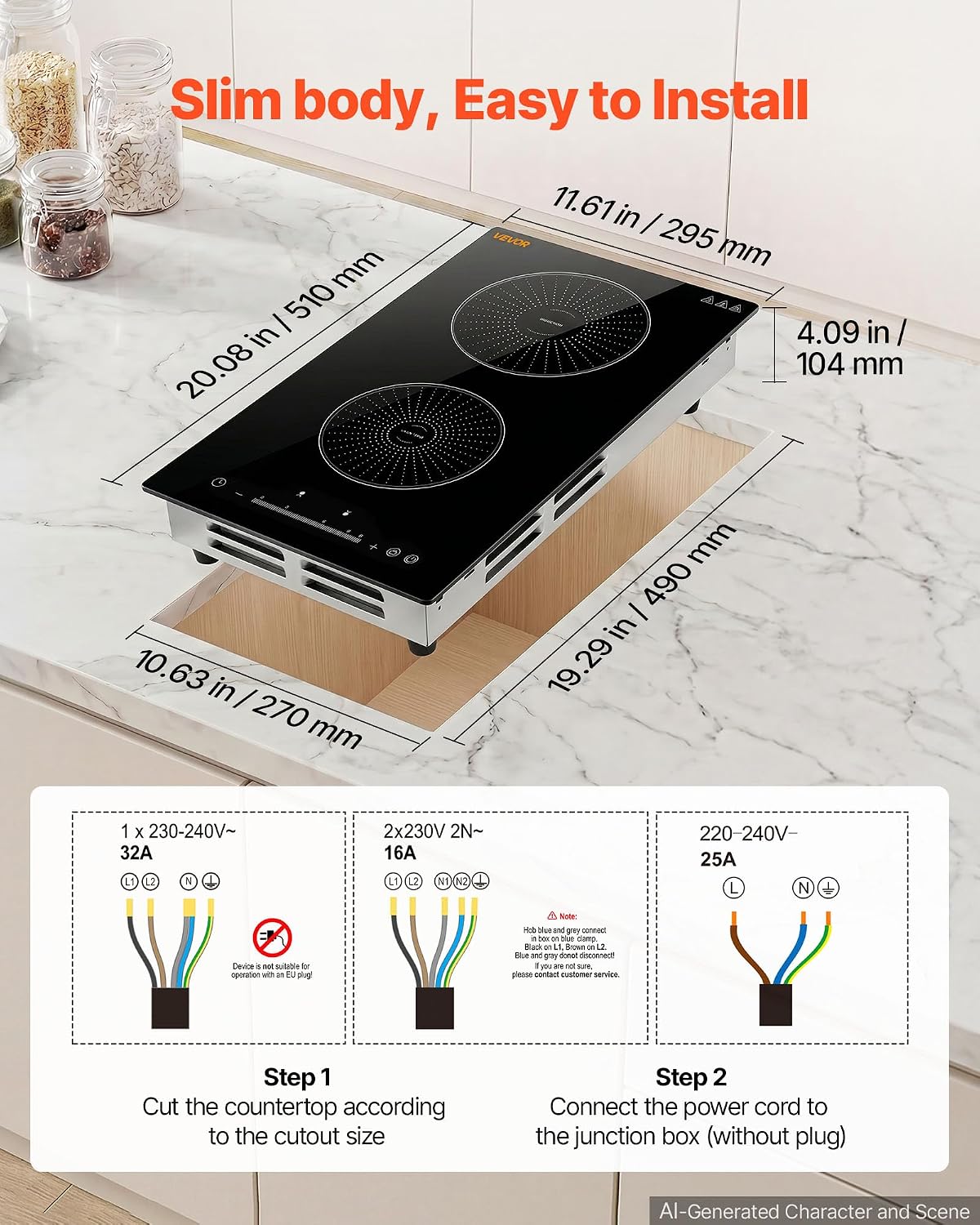 VEVOR Induction Cooktop 12In 2 Burners, Built-in&Countertop Electric Stove, LED Touch & Integrated Control, 9 Power Levels, Easy-Clean Ceramic Glass, Child Lock, 3500W 220V No Plug