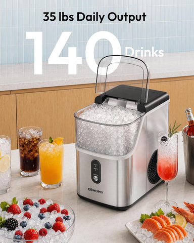EUHOMY Nugget Ice Maker Countertop, Ready in 7 Mins, 35Lbs/24H Pebble Ice Maker Machine, Self-Cleaning Countertop Sonic Ice Makers with Ice Scoop&Basket, Pellet Ice Maker for Home, Stainless Steel