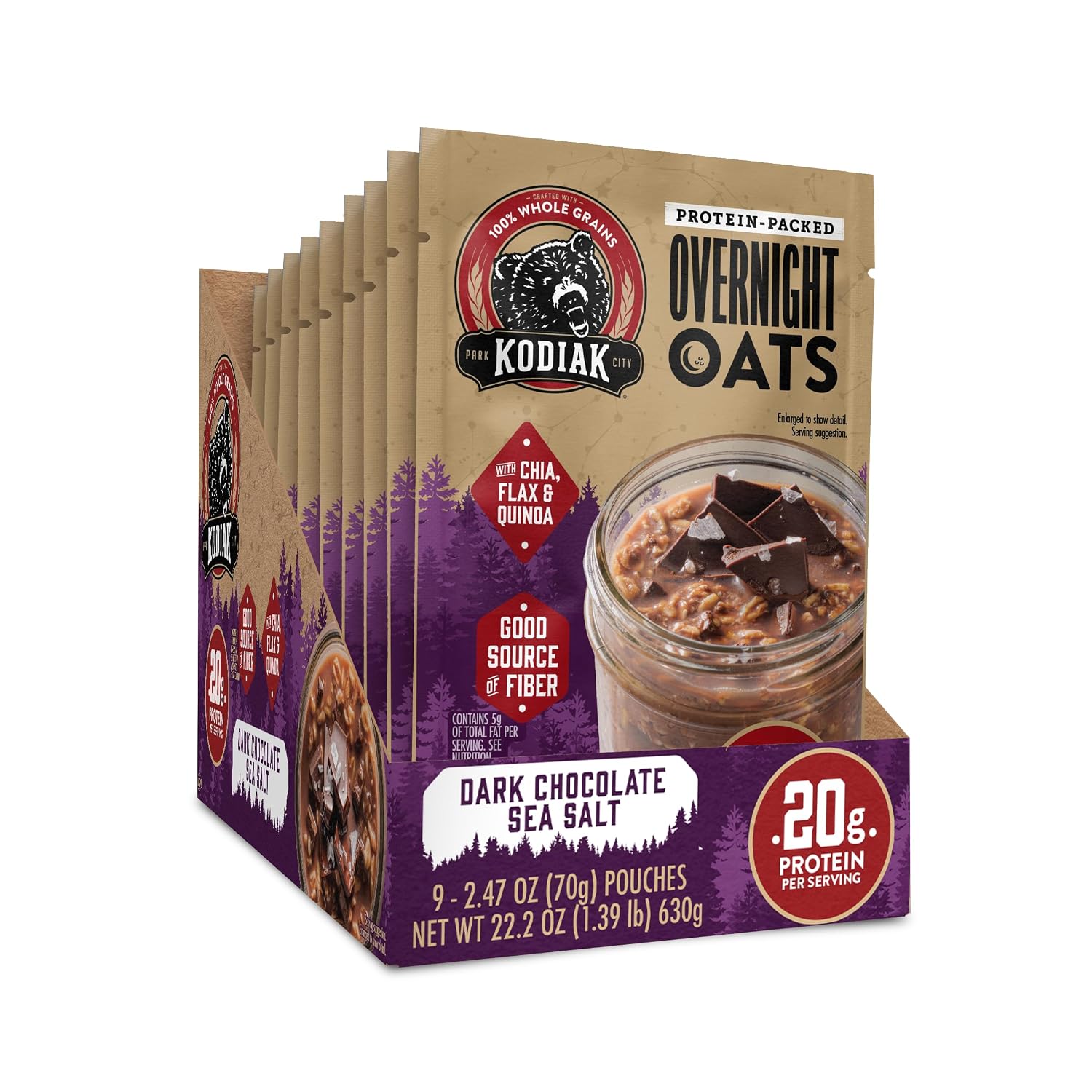 Kodiak Protein Overnight Oats, Dark Chocolate Sea Salt, High Protein, 9pk
