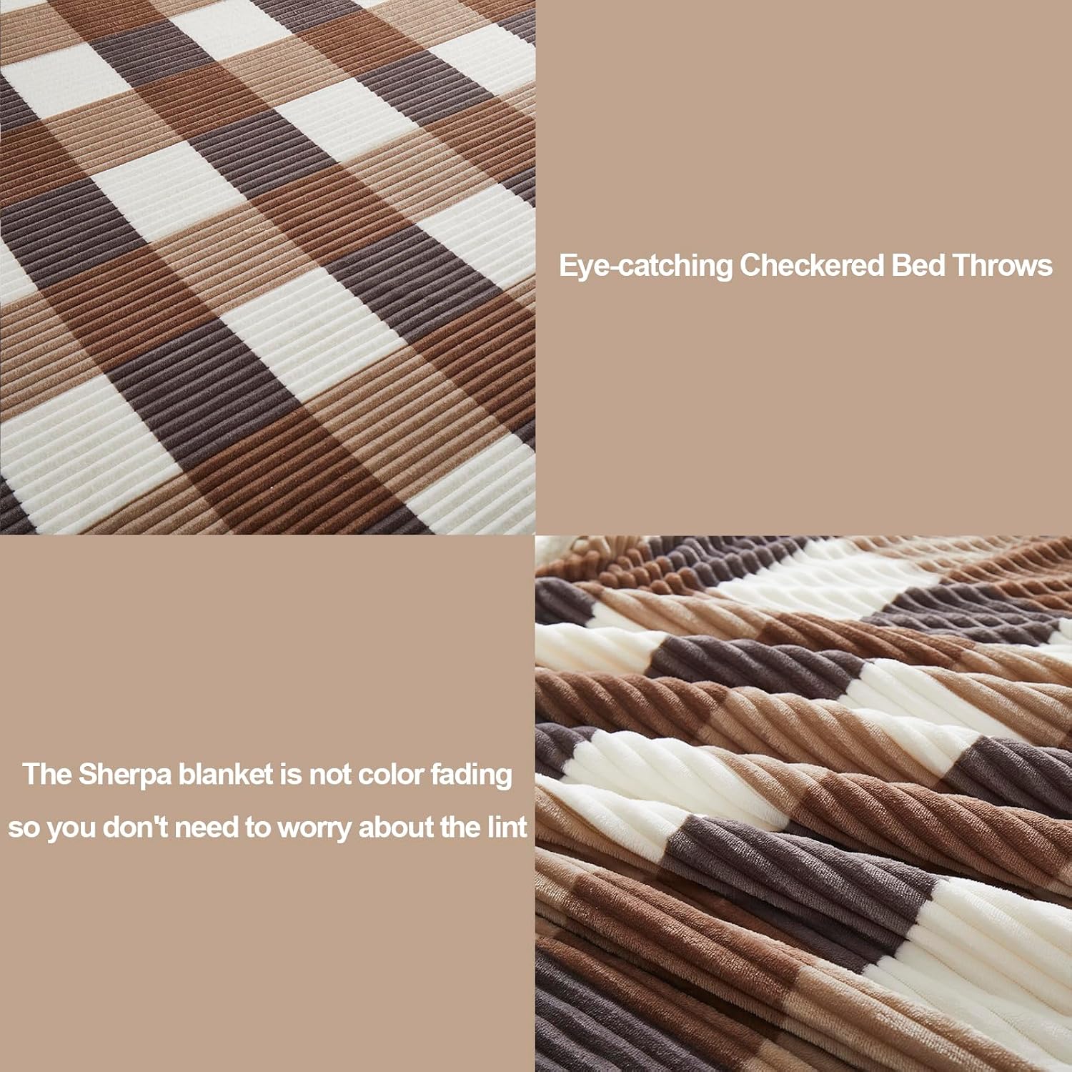PU MEI Sherpa Blanket Twin Plaid Thick Bed Blanket, 60”*80” Super Soft Flannel Fuzzy Fleece Reversible Velvet Plush Warm Blanket for Couch (Beige Check, 60"*80")