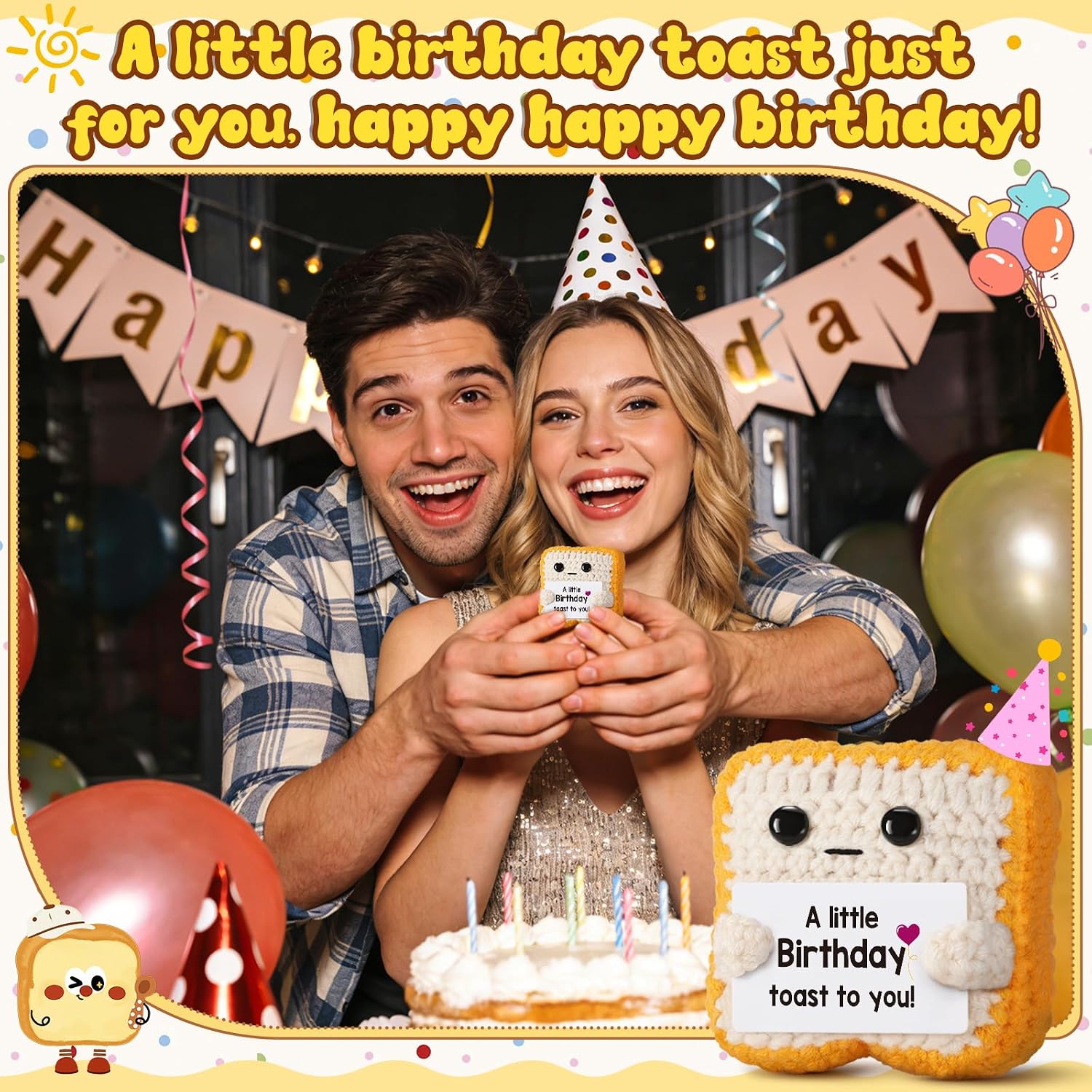 A little Birthday Toast to you - Funny Happy Birthday Gifts for Women, Men, Mom, Dad, Sister, Best Friend - Unique Birthday Decorations Crochet Toast Gift Card for Her Him Coworker Gifts Ideas