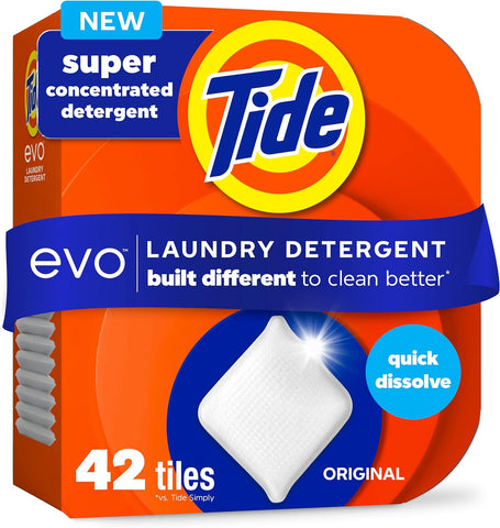 Tide evo Laundry Detergent Original Scent Works on 100% of Common Stains Concentrated Travel Detergent HE Compatible and Instant Dissolve Fights Stains Better than Leading Detergent Sheet, 42 Count